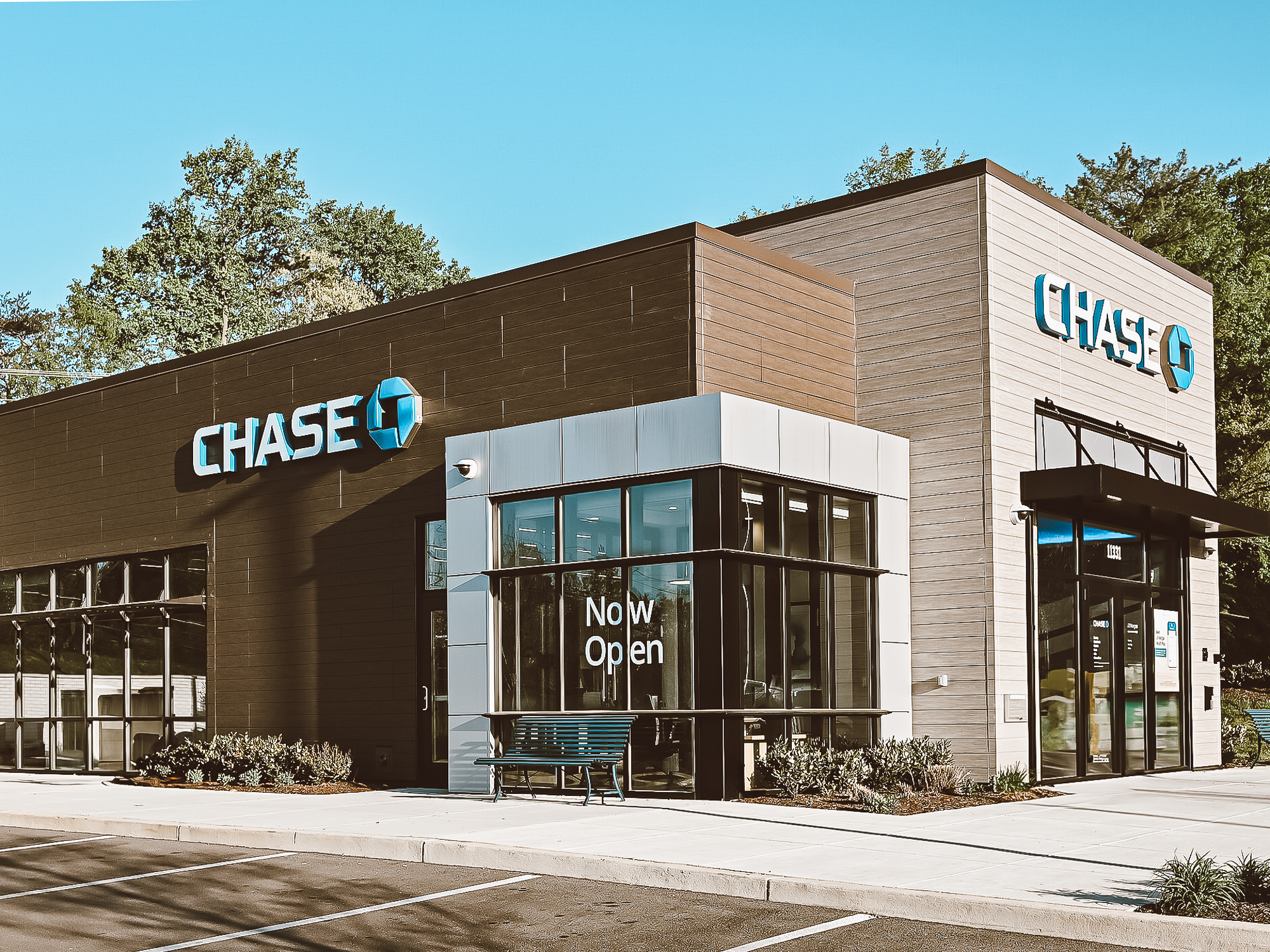 Exterior of Chase Bank branch completed by HNB Services featuring modern façade and branded signage.
